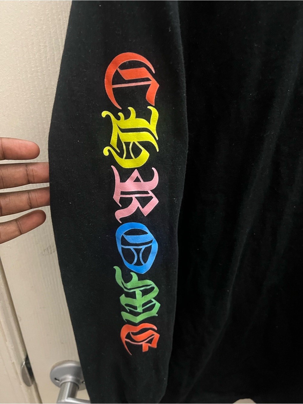 Chrome Hearts Black Long Sleeve Tee with Multicolor Gothic Sleeve Print